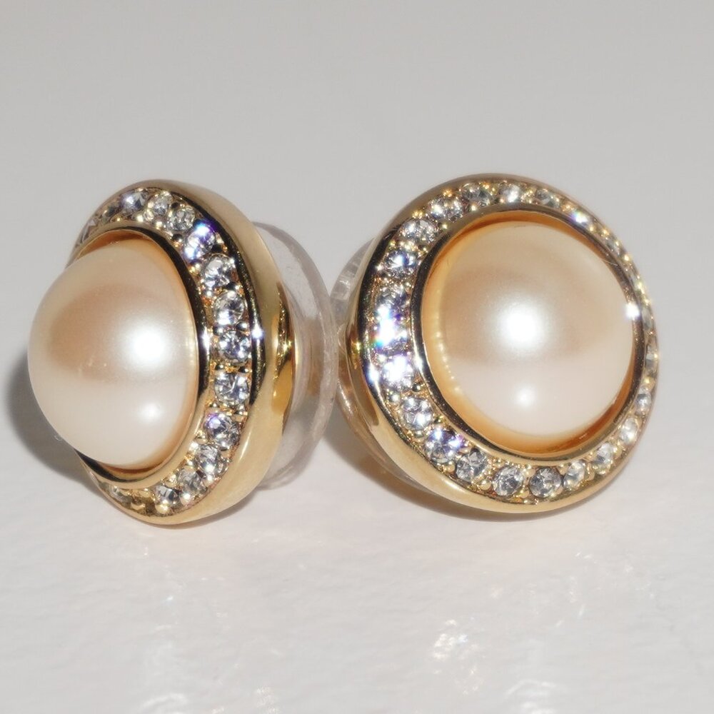 Authentic Vintage Christian Dior Gold Tone Faux Pearl & Crystal Halo Earrings